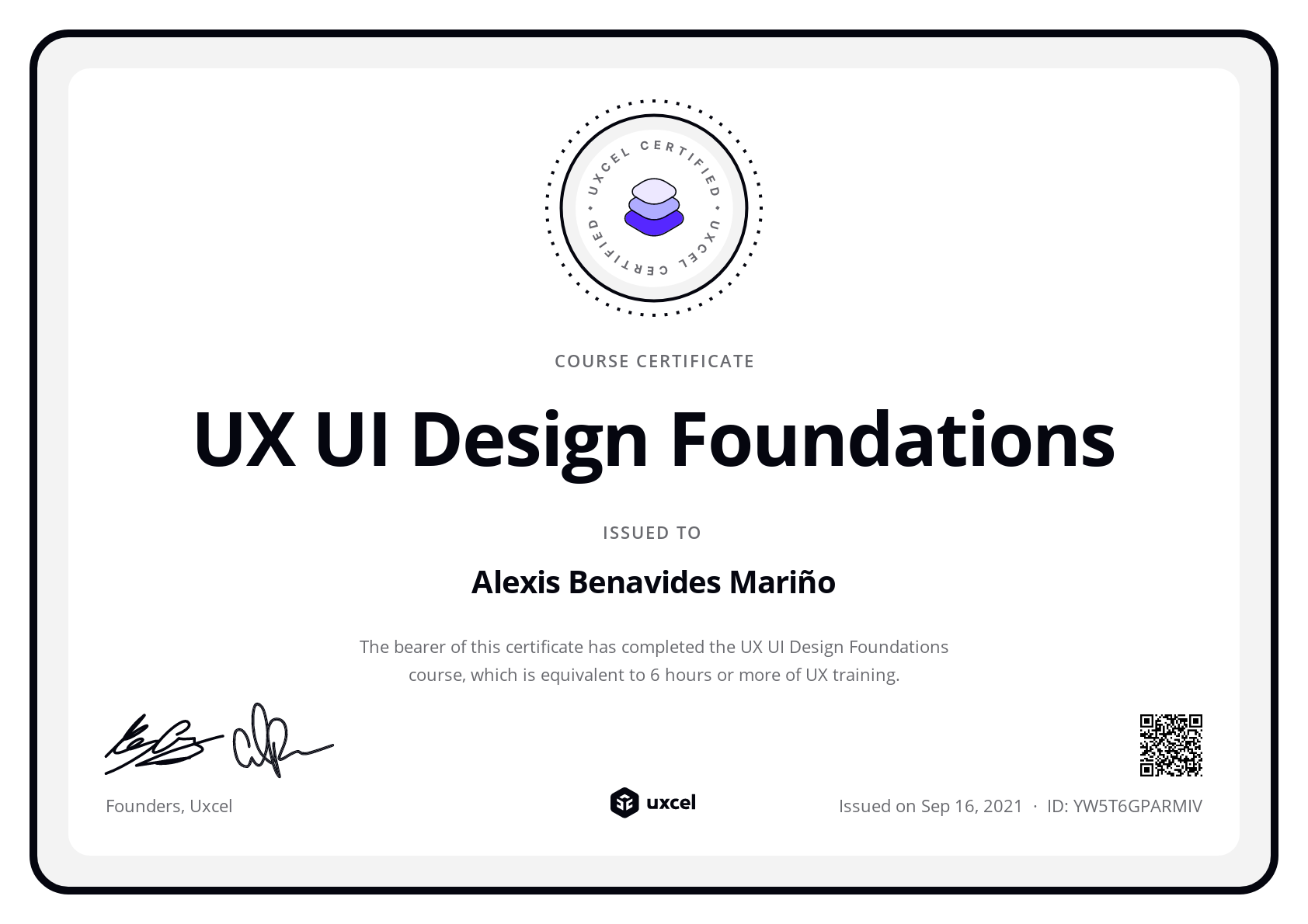 Alexis Benavides Mariño's certificate